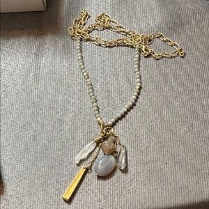 Gold Chain Necklace with Gray Beads and Multi-Charm Pendant
